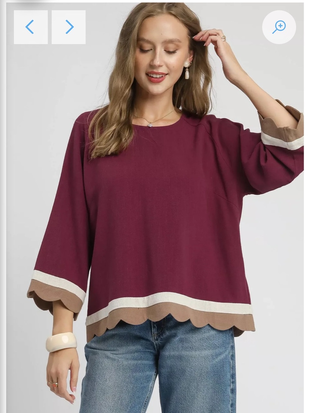Umgee Scalloped Hem Color Block Top Cotton Linen Blend Size Small